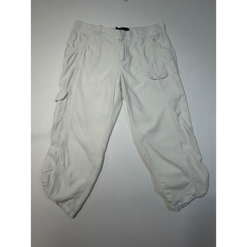 Gloria Vanderbilt White Linen Blend Cargo Capri Pants Women 8 Cinch Hem Crop